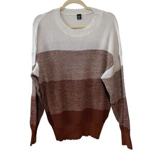 Shein Curve 1XL Rust Brown White Color Block Knit Pullover Sweater Long Sleeve
